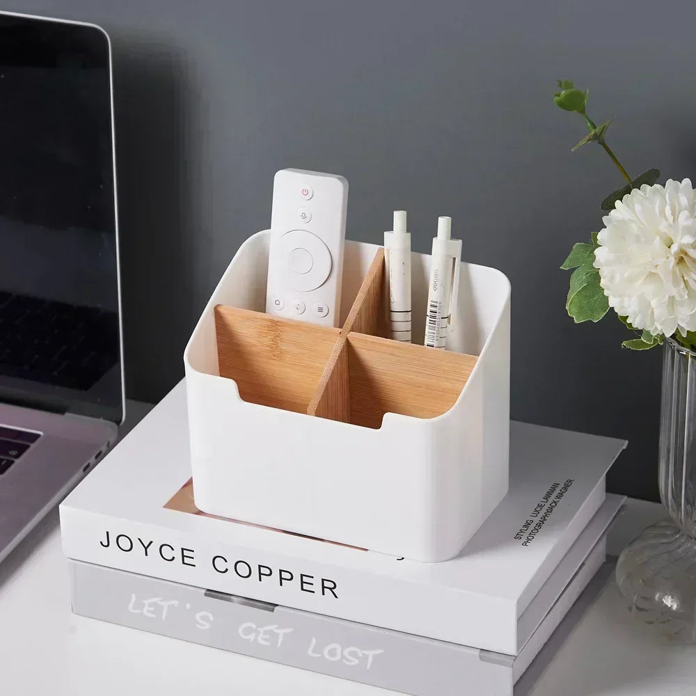 Organizador de mesa con compartimentos para mandos, móvil y accesorios