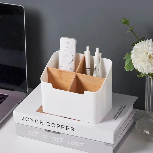 Organizador de mesa con compartimentos para mandos, móvil y accesorios