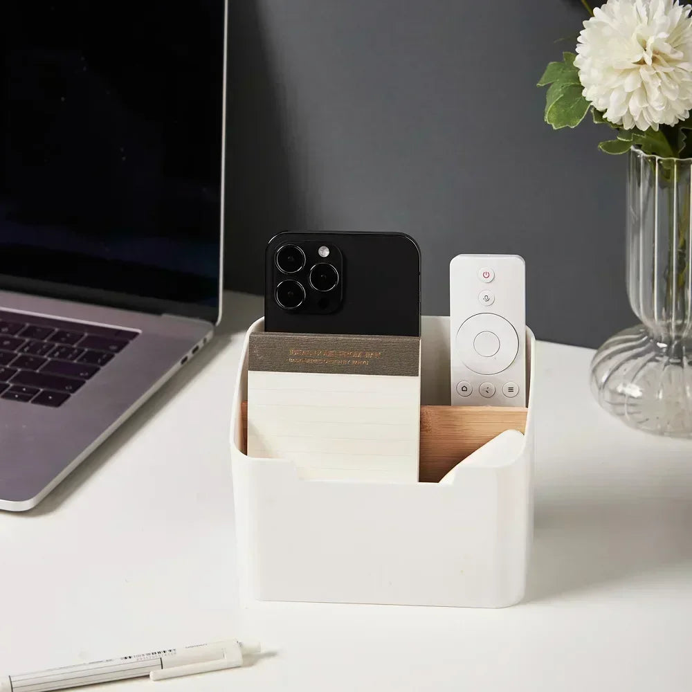 Organizador de mesa con compartimentos para mandos, móvil y accesorios