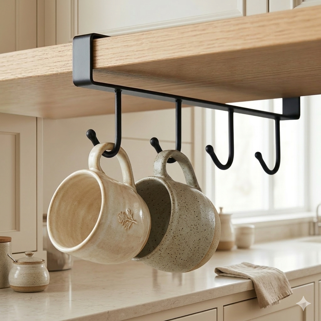 Colgador de tazas bajo estante con 6 ganchos | organizador para cocina