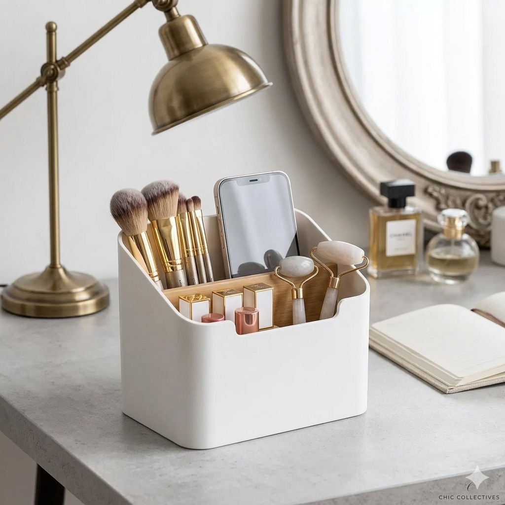 Organizador de mesa con compartimentos para mandos, móvil y accesorios