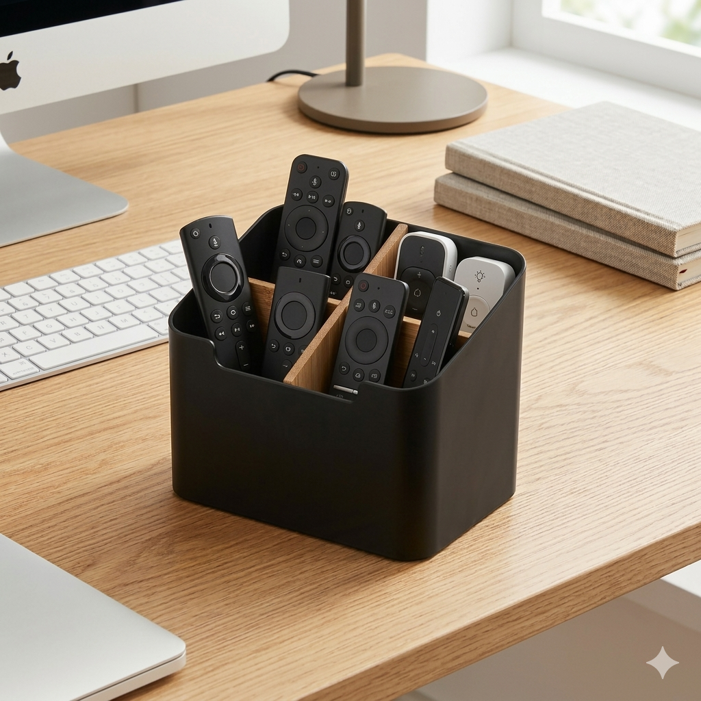 Organizador de mesa con compartimentos para mandos, móvil y accesorios